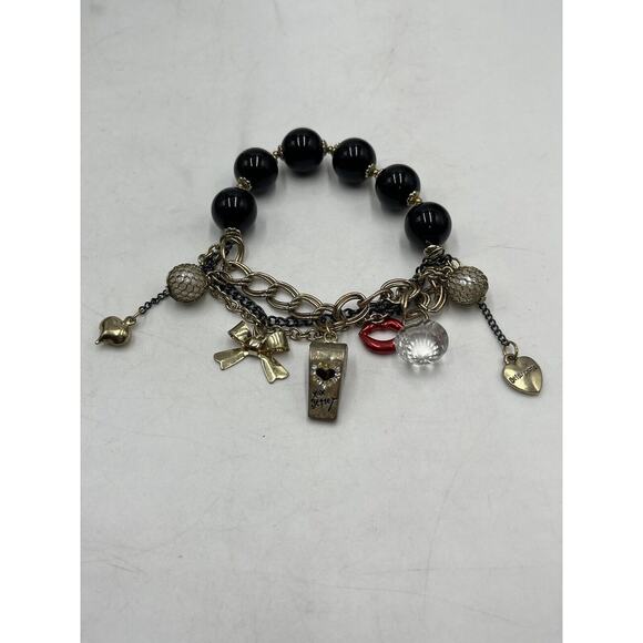 Betsey Johnson Whistle Red Lips Black Beads Black Beads Bow Stretch Bracelet - Picture 8 of 16